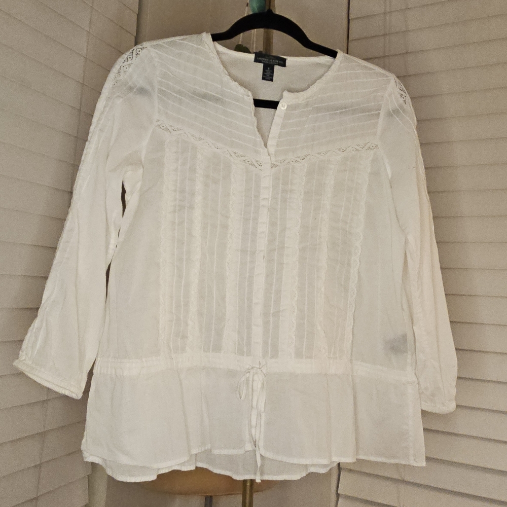 Denim & Supply Ralph Lauren White Pleated Mandarin Collar Blouse